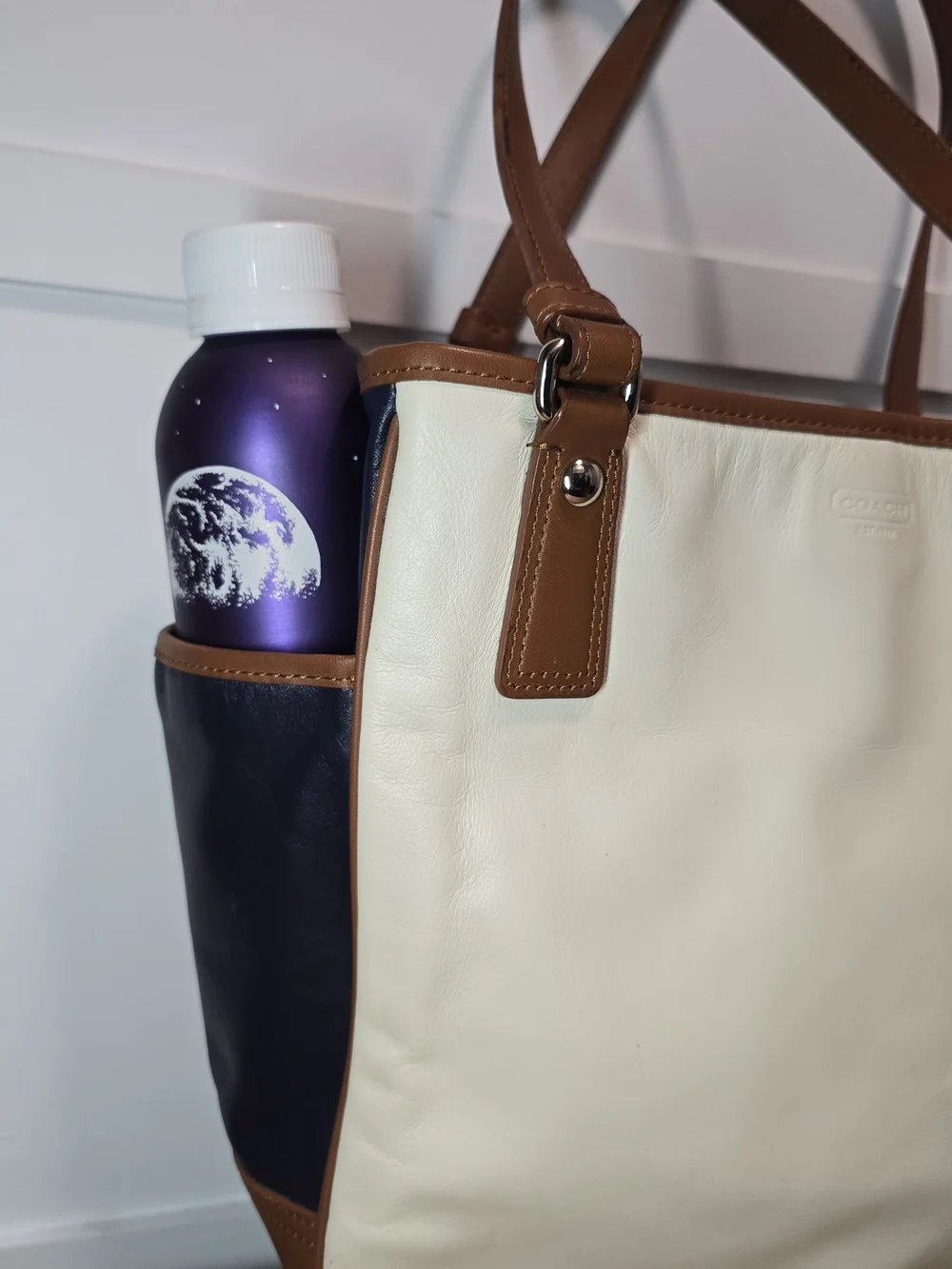 Coach Cream and Navy Tote with Brown Trim